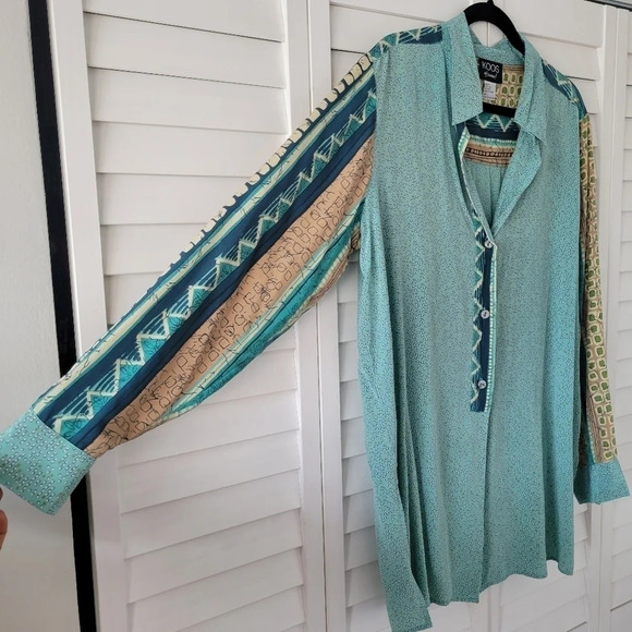 KOOS Blue Geo Print Vintage 100% Silk Button-up Long-Sleeve Tunic Shirt Size L - Picture 3 of 11